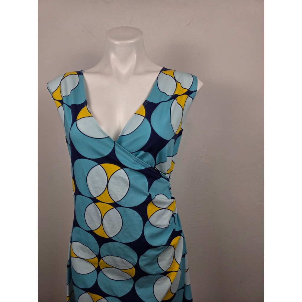 Lesley Evers Blue Yellow Geometric Circle Faux Wrap Ruched Sleeveless Dress 1X - Picture 3 of 8